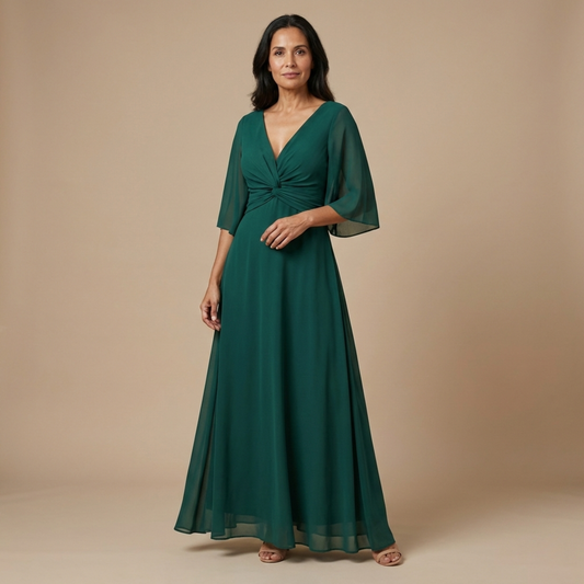 Lucía | Robe Longue en Mousseline Col en V Vert Profond