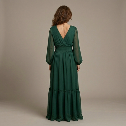María | Robe Longue en Mousseline Col en V Vert Émeraude