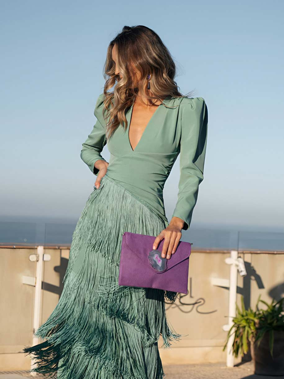 Robe Longue à Franges Vert Sauge