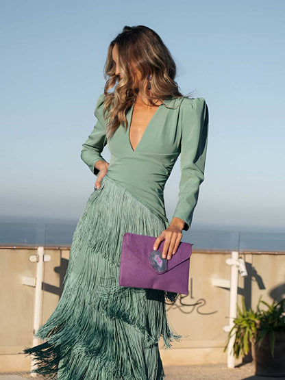 Robe Longue à Franges Vert Sauge