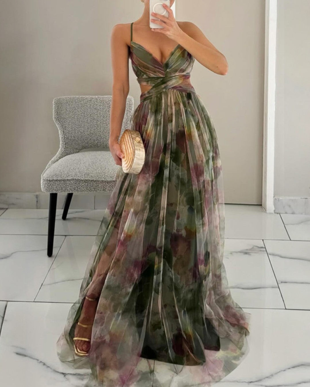 Marbella | Robe Maxi en Tulle Fleuri Aquarelle