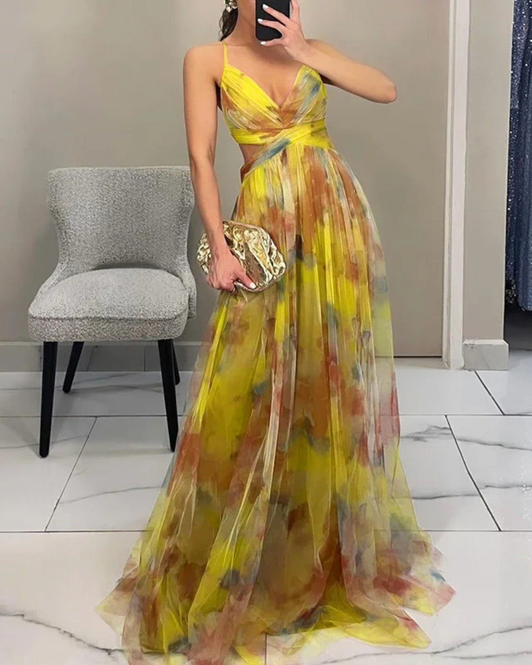 Marbella | Robe Maxi en Tulle Fleuri Aquarelle
