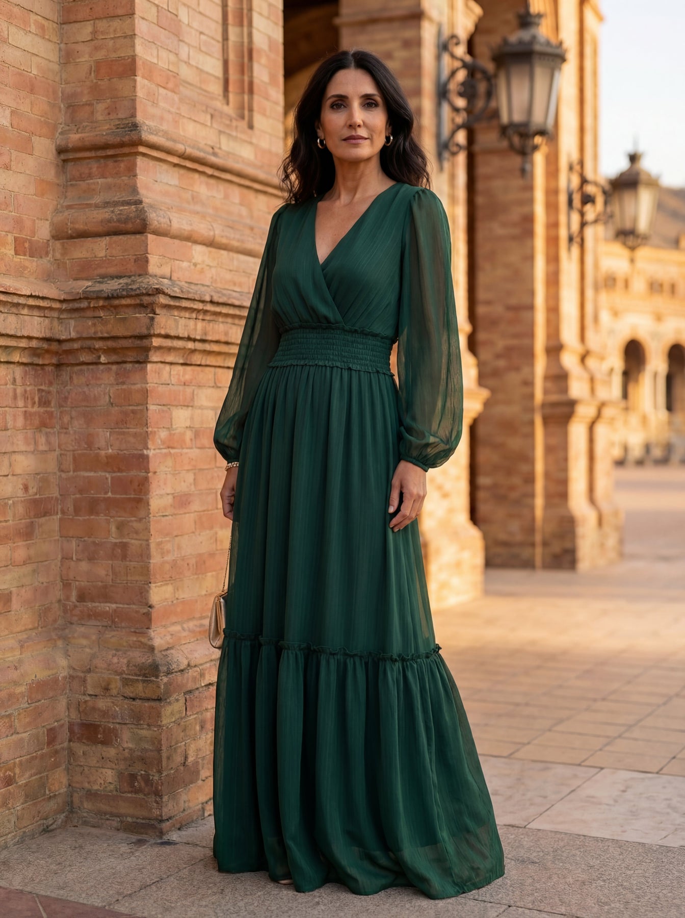 María | Robe Longue en Mousseline Col en V Vert Émeraude