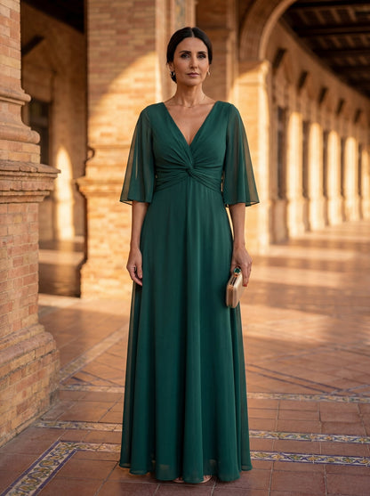 Lucía | Robe Longue en Mousseline Col en V Vert Profond