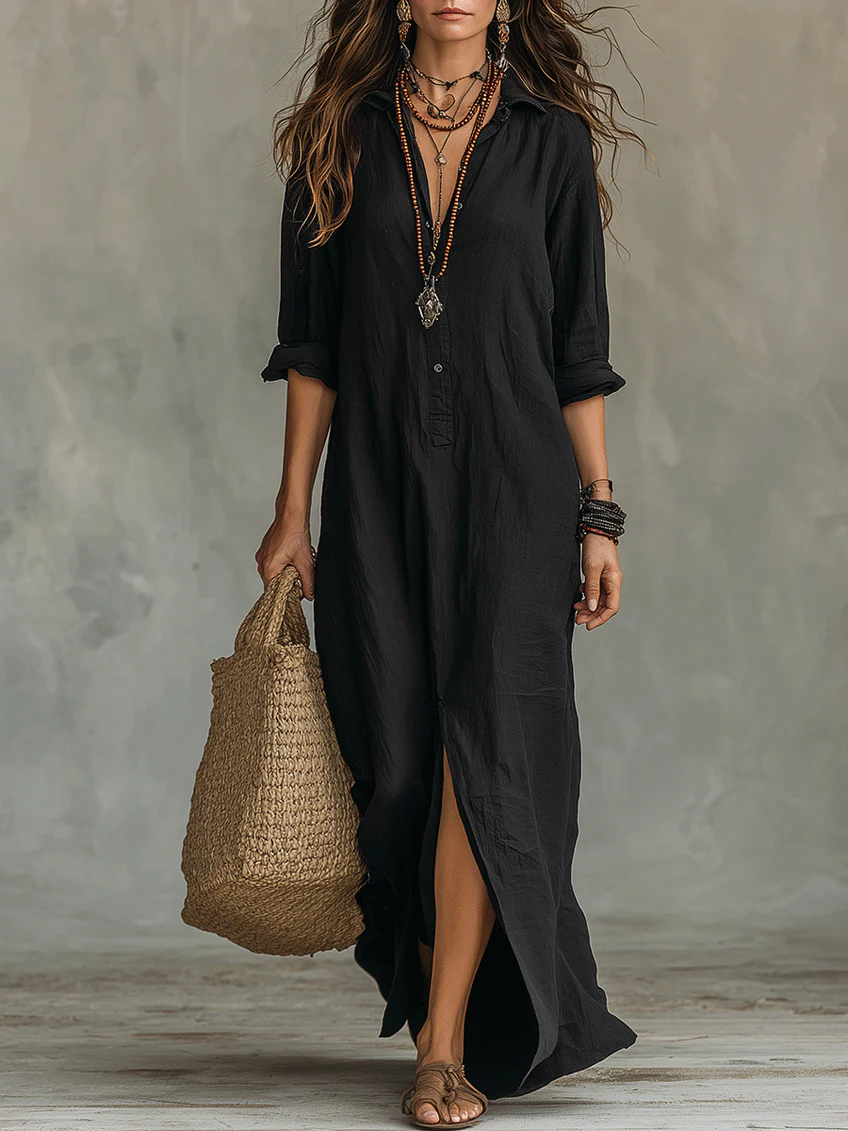 Alessia - Robe maxi noire fluide avec boutons