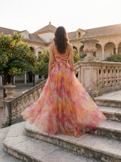 Marbella | Robe Maxi en Tulle Fleuri Aquarelle