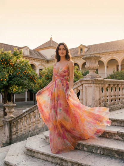 Marbella | Robe Maxi en Tulle Fleuri Aquarelle
