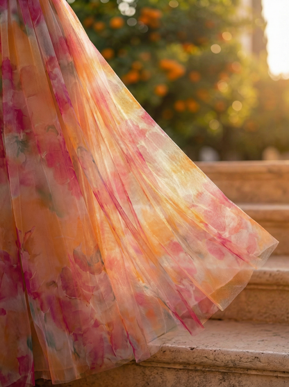 Marbella | Robe Maxi en Tulle Fleuri Aquarelle